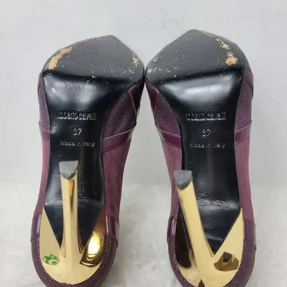 Roberto Cavalli Women's Stingray Purple Leather Bootie Heel Shoes Size 6.5 - Picture 10 of 11